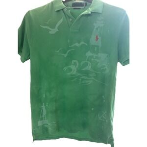RALPH LAUREN POLO‎ Large MAINE COURSE GREEN LIGHTHOUSE NAUTICAL PONY SHIRT Slim